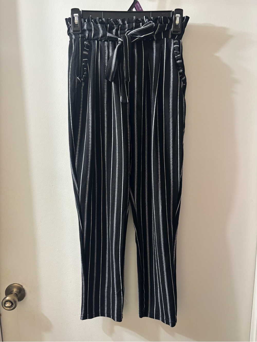 Men's Black Pinstripe Paperbag Waist Chinos